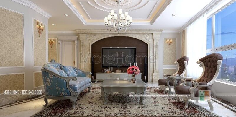 Bộ sofa gỗ tự nhiên với đường cong tinh tế và trạm khắc cổ điển dường như đã trở thành chi tiết tạo điểm nhấn thẩm mỹ căn phòng. sofa tân cổ điển
