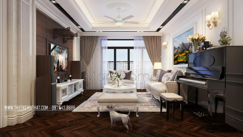 Bộ sofa tân cổ điển được đặt chính giữa không gian tạo cảm giác vững chãi và tiện nghi hơn cho gia chủ trong quá trình sử dụng sofa tân cổ điển